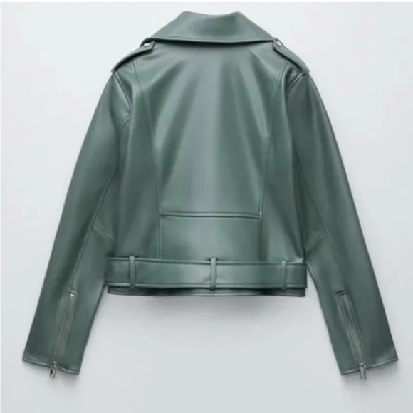 Zara Green Leather Biker Jacket - Picture 3 of 5